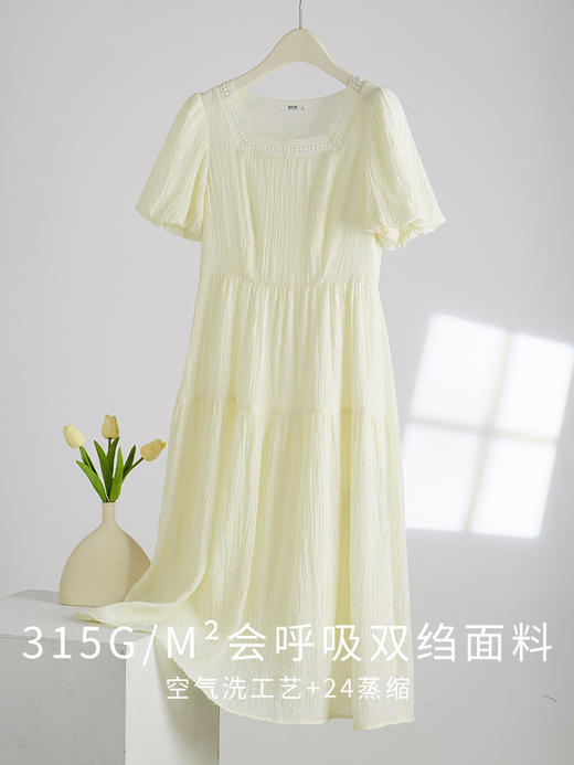 【专属特价】熙世界镂空花边方领连衣裙女夏装新款高腰法式泡泡袖黄色a字裙子 商品图4