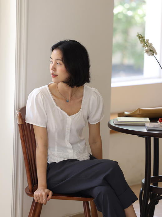 HeyDress法式蕾丝衬衫女夏季复古方领收腰设计感衬衣白色气质上衣 商品图1