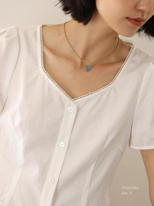 HeyDress法式蕾丝衬衫女夏季复古方领收腰设计感衬衣白色气质上衣 商品图0