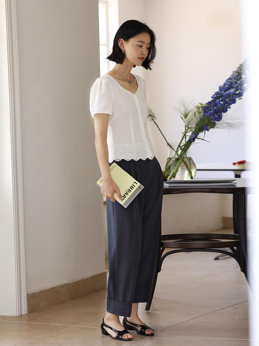 HeyDress法式蕾丝衬衫女夏季复古方领收腰设计感衬衣白色气质上衣 商品图2