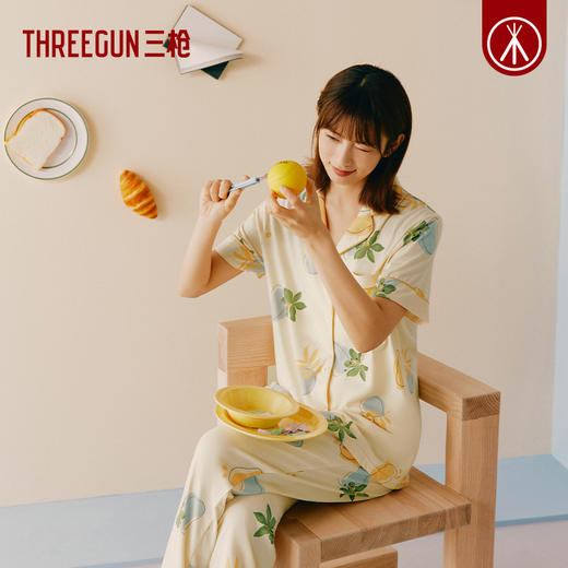 Threegun三枪 【水柔棉】翻领开襟短袖长裤女士家居套家居服-82230D011 商品图2