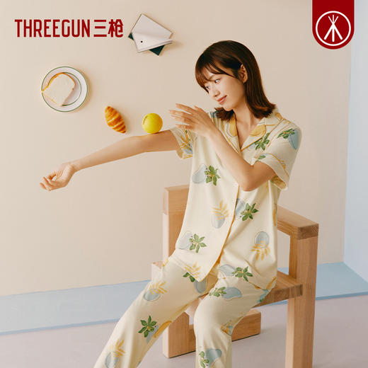 Threegun三枪 【水柔棉】翻领开襟短袖长裤女士家居套家居服-82230D011 商品图0