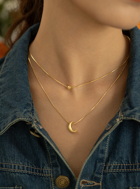 Oflye潮流饰品 质感蛇链月亮吊坠双层叠戴项链女欧美