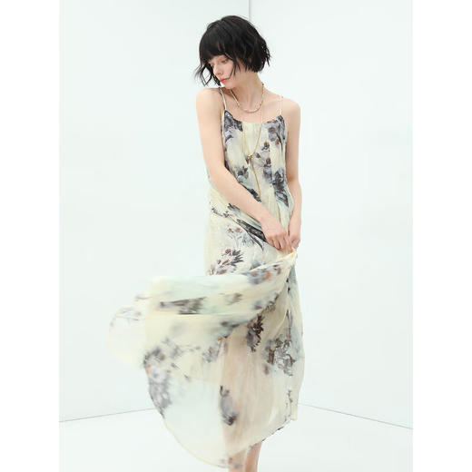 【限时秒杀】COCOBELLA油画风印花雪纺压褶吊带裙度假飘逸大摆连衣裙FR182 商品图1