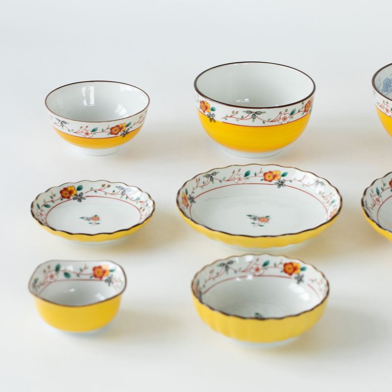 日本进口美浓烧黄彩小梅系列植物花卉家用陶瓷料碟饭碗面碗汤碗圆盘【不支持补差，非质量问题不退不换】S