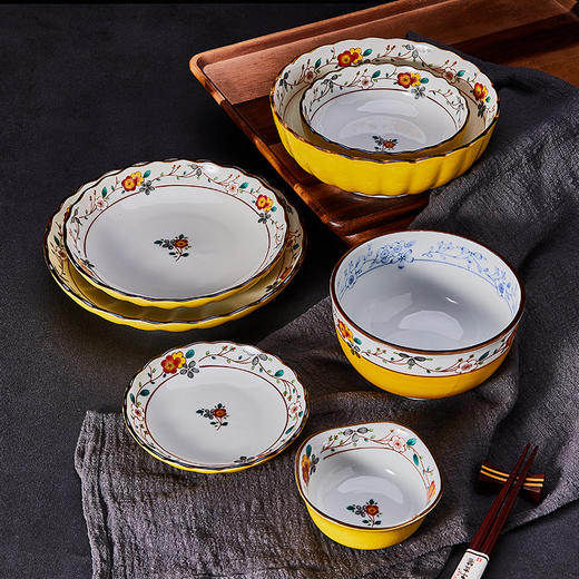 日本进口美浓烧黄彩小梅系列植物花卉家用陶瓷料碟饭碗面碗汤碗圆盘【不支持补差，非质量问题不退不换】S 商品图4