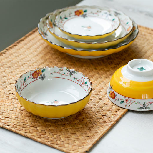 日本进口美浓烧黄彩小梅系列植物花卉家用陶瓷料碟饭碗面碗汤碗圆盘【不支持补差，非质量问题不退不换】S 商品图1