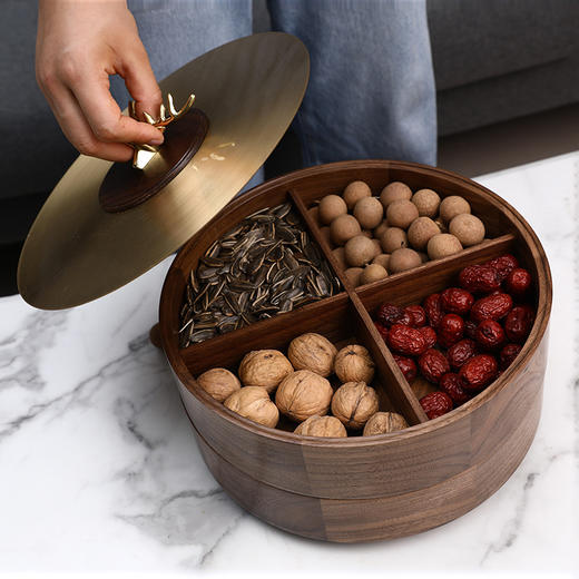 黑胡桃木轻奢带盖纯铜多层创意收纳干果盒零食水果盘客厅茶几家用 商品图1