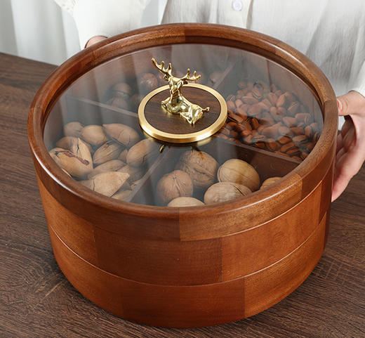 新款密封实木干果盒客厅家用茶几坚果瓜子果盘轻奢高档收纳盒铜鹿头透明盖 胡桃木旋转果盒 糖果盒 首饰盒 单双层收纳 商品图3