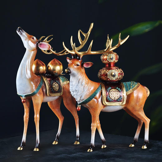 彩铜福鹿招财鹿摆件客厅中式风水铜鹿工艺品家居玄关电视柜装饰品福寿铜鹿（寿桃） 彩铜工艺 39*12*63 大号 商品图1