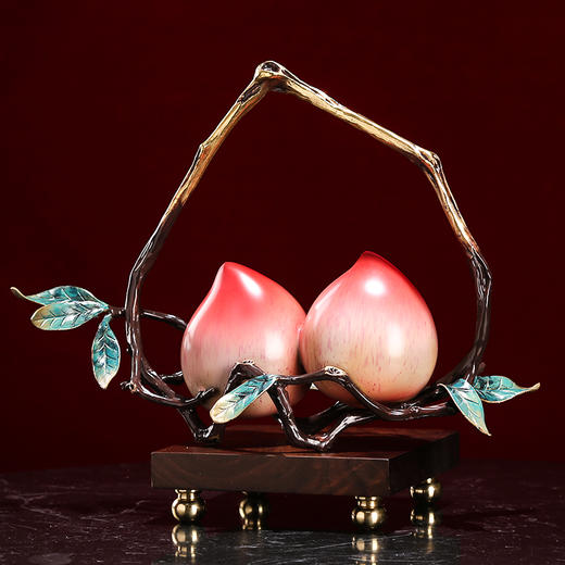 E-YM-B185 胡桃木底座彩铜寿桃摆件（ 315*150*265） 商品图1