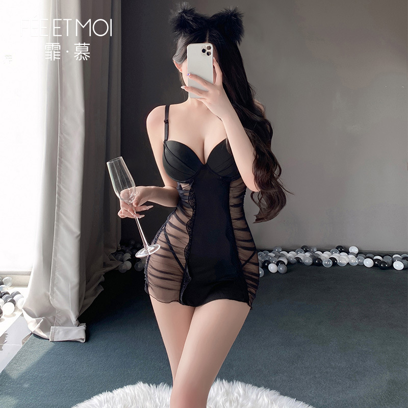 【情趣内衣】霏慕情趣内衣性感透视网纱吊带睡裙胸垫聚拢套装一件代发女5167