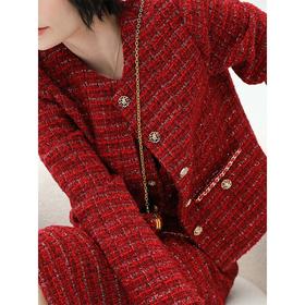 COCOBELLA假两件亮丝小香风花呢外套女精致裸领红色西装WL529