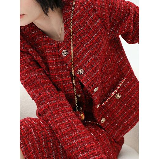 COCOBELLA假两件亮丝小香风花呢外套女精致裸领红色西装WL529 商品图0