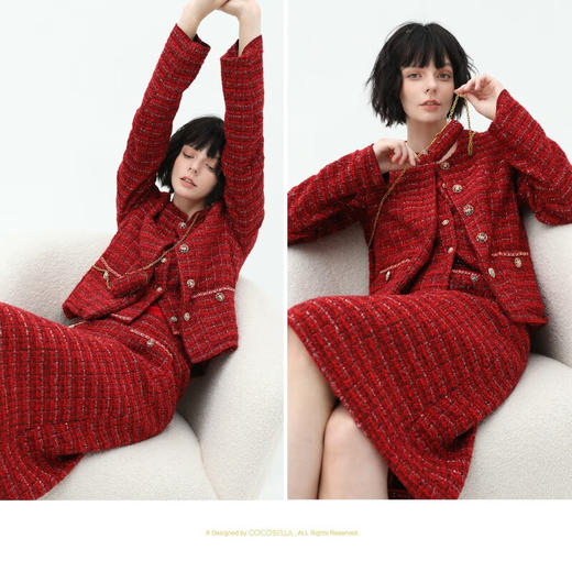 COCOBELLA假两件亮丝小香风花呢外套女精致裸领红色西装WL529 商品图2