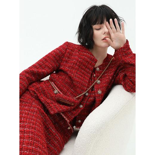 COCOBELLA假两件亮丝小香风花呢外套女精致裸领红色西装WL529 商品图1