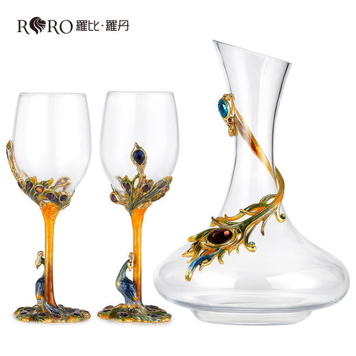 罗比罗丹创意孔雀红酒杯珐琅彩居家酒具套装高脚杯欧式葡萄酒杯吉祥孔雀珐琅红酒三件套 商品图5