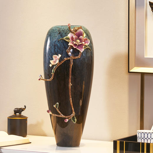 诺诗曼 珐琅海棠花瓶 高款客厅书房办公室玄关新中式摆件 商品图2