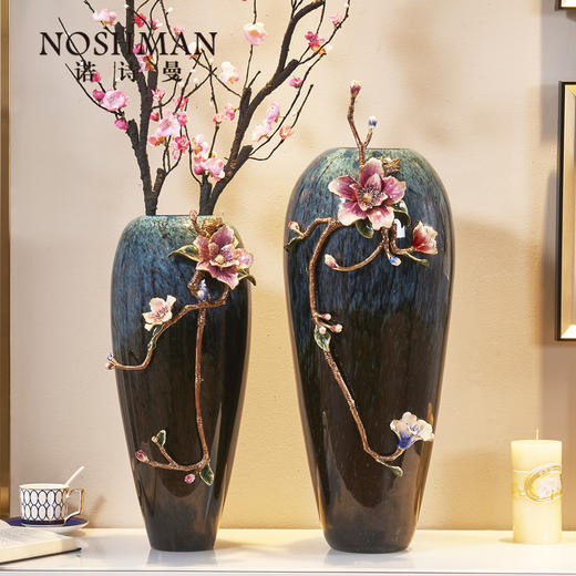 诺诗曼 珐琅海棠花瓶 高款客厅书房办公室玄关新中式摆件 商品图1