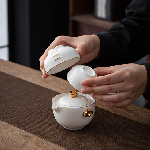 羊脂玉白瓷旅行茶具套装快客杯一壶二杯便携式户外茶具随身高端吉祥三宝 描金快客杯 商品图1