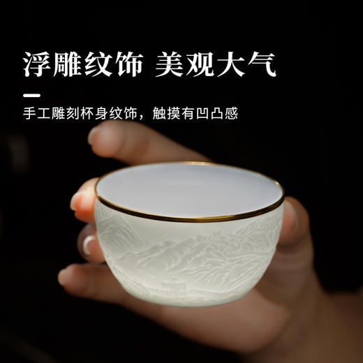 景德镇手工雕刻主人杯镶金白瓷功夫茶杯品茗杯个人专用单杯茶盏素手堂 玉泥线雕鎏金杯 万里长城款 商品图1