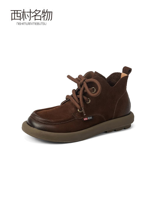 西村名物2023秋季新款百搭舒适圆头平底短靴复古马丁靴真皮软底T23DS44701 商品图0