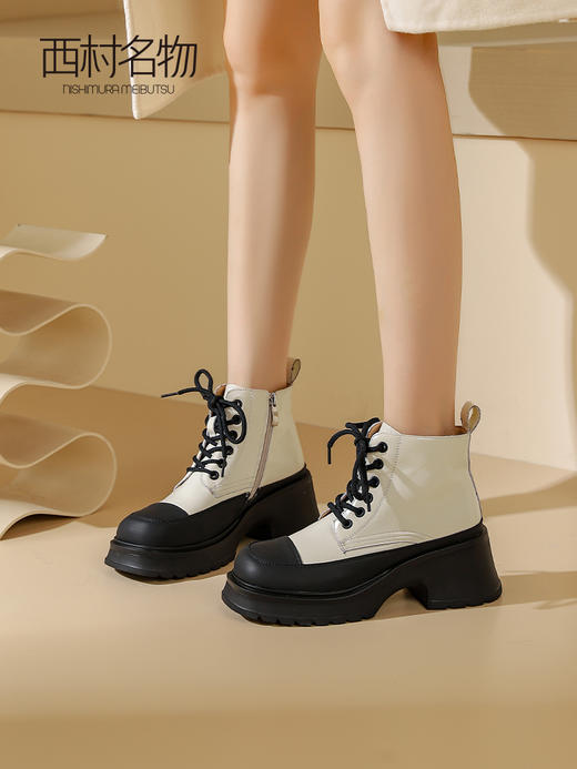 西村名物2023秋季新款粗跟单靴真皮厚底小个子马丁靴T23DS44041 商品图2