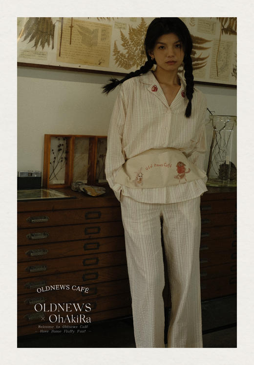 「Bunny Café」粉色条纹小兔咖啡杯刺绣衬衫套装 商品图1