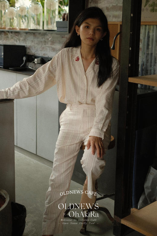 「Bunny Café」粉色条纹小兔咖啡杯刺绣衬衫套装 商品图0