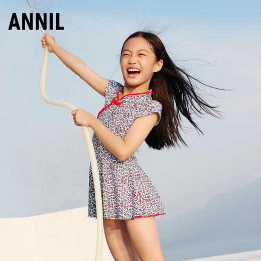 女童泳衣裙连体夏季新款高弹碎花短袖中国风游泳衣安奈儿童装JG327909 商品图1