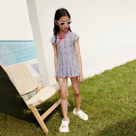 女童泳衣裙连体夏季新款高弹碎花短袖中国风游泳衣安奈儿童装JG327909 商品图4