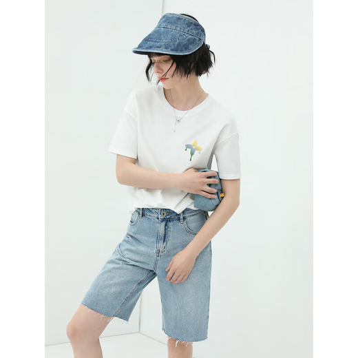COCOBELLA复古水洗磨白百慕大牛仔短裤毛边五分裤NDN27 商品图0