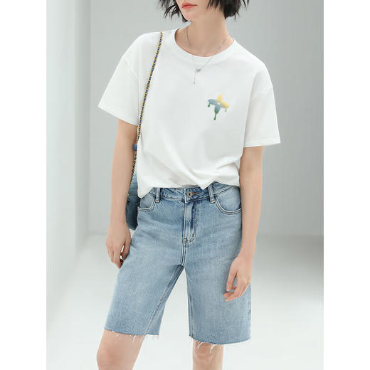 COCOBELLA复古水洗磨白百慕大牛仔短裤毛边五分裤NDN27 商品图2