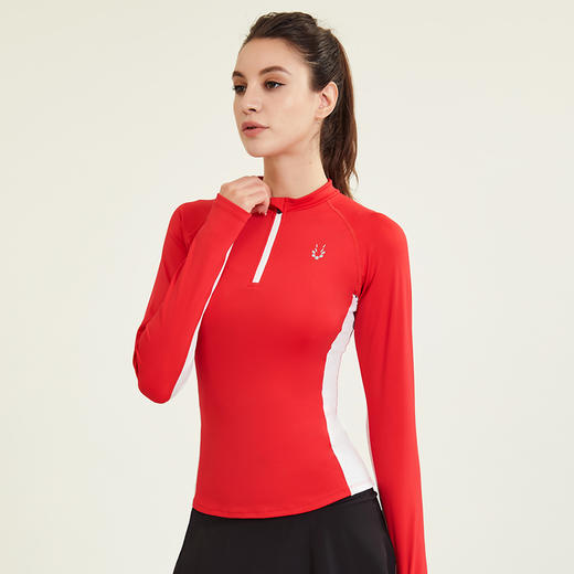 立领拼色抓绒T恤女长袖健身衣运动速干跑步长袖 商品图2