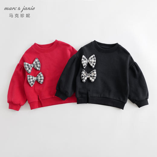 马克珍妮秋冬新款 女童格纹蝴蝶结宽松卫衣 儿童上衣232085 商品图0