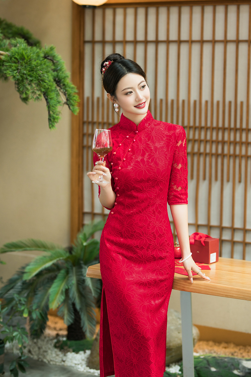 myf 15扣蕾丝蕾丝旗袍中式结婚连衣裙走秀旗袍