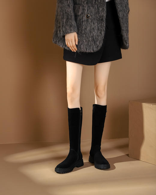 西村名物2023秋季新品圆头粗跟小腿靴法式长靴不过膝女X23DI4533101B 商品图12