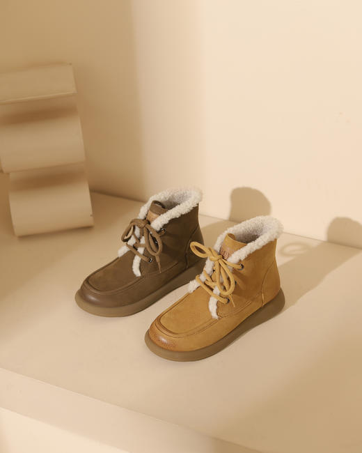 西村名物2023冬季季新品复古圆头粗跟毛靴系带短靴马丁靴X23DS45481 商品图10