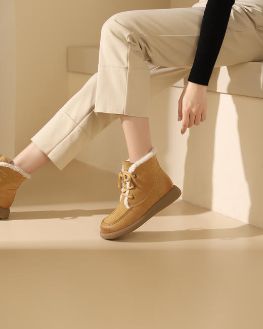 西村名物2023冬季季新品复古圆头粗跟毛靴系带短靴马丁靴X23DS45481 商品图2