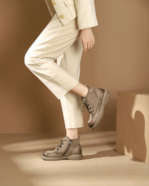 西村名物2023秋季新品圆头粗跟裸靴系带短靴马丁靴X23DS46521 商品图4