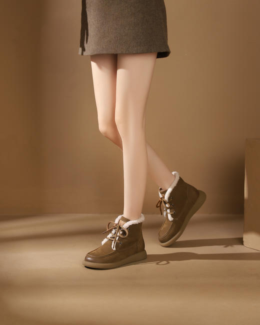 西村名物2023冬季季新品复古圆头粗跟毛靴系带短靴马丁靴X23DS45481 商品图6