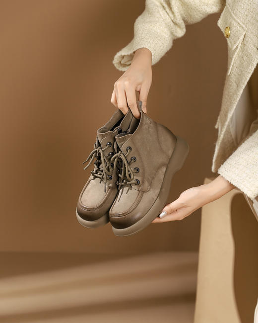 西村名物2023秋季新品圆头粗跟裸靴系带短靴马丁靴X23DS46521 商品图0