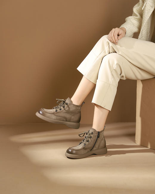 西村名物2023秋季新品圆头粗跟裸靴系带短靴马丁靴X23DS46521 商品图2