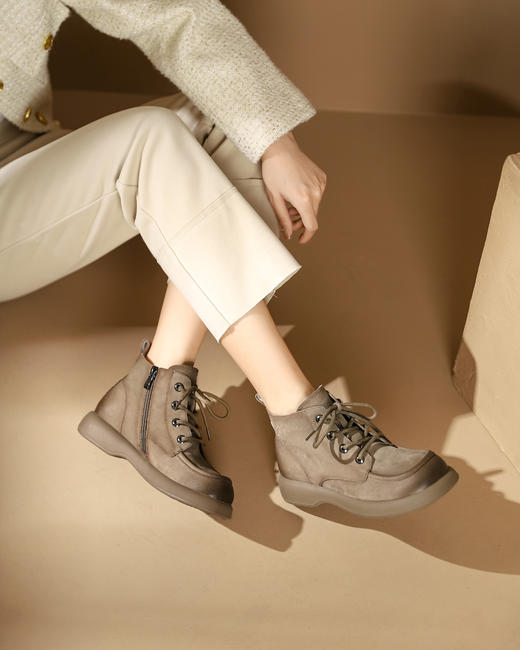 西村名物2023秋季新品圆头粗跟裸靴系带短靴马丁靴X23DS46521 商品图5