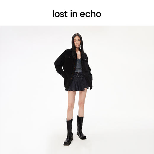 [福利价]lost in echo设计师品牌显瘦增高翘方头宽筒粗跟拼色牛仔中筒靴女 商品图3
