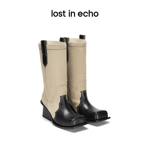 [福利价]lost in echo设计师品牌显瘦增高翘方头宽筒粗跟拼色牛仔中筒靴女 商品图0
