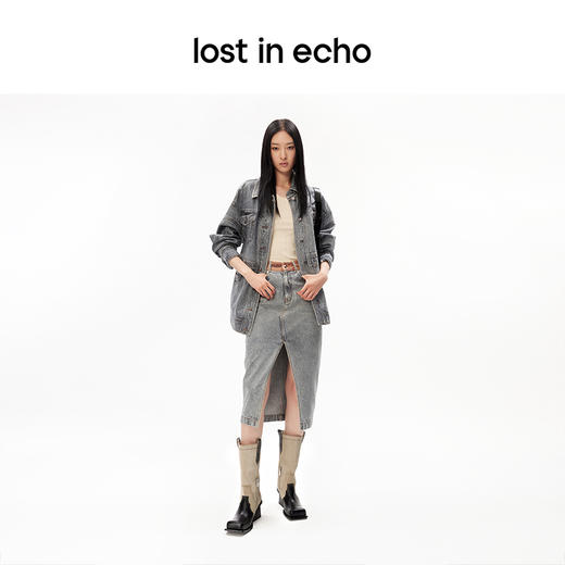 [福利价]lost in echo设计师品牌显瘦增高翘方头宽筒粗跟拼色牛仔中筒靴女 商品图1
