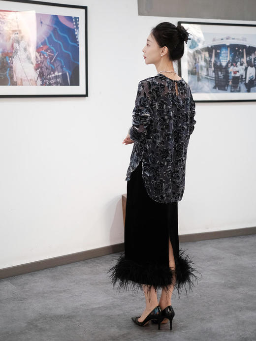 盛唐牡丹|丝绒黑色鸵鸟毛半裙（鸵鸟毛可拆卸） 商品图2