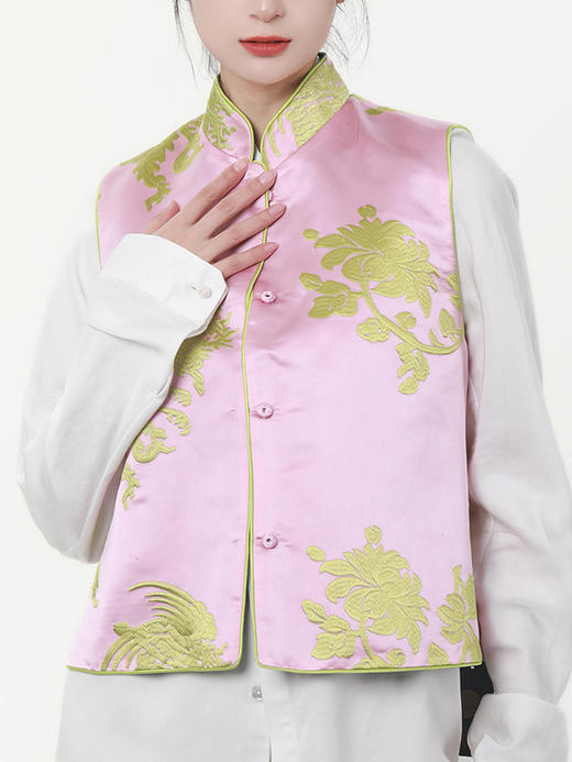 盛唐牡丹| 繁花似锦真丝锦缎+香云纱两面穿手推绣马甲 商品图6