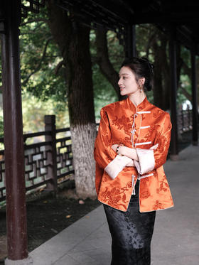 盛唐牡丹 |限量款| 真丝漳绒对襟外套柿子红